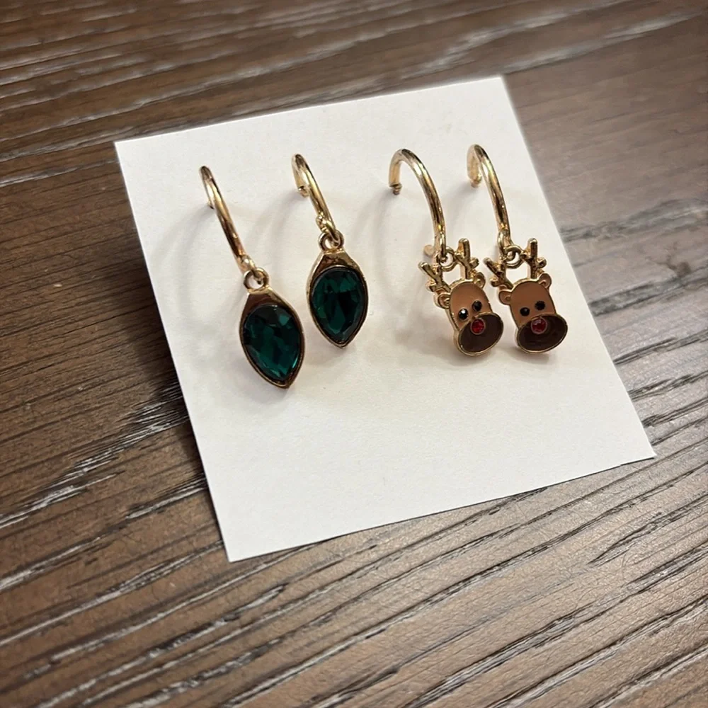 Holiday hoop earrings, Christmas reindeer,  set of two pierced earrings